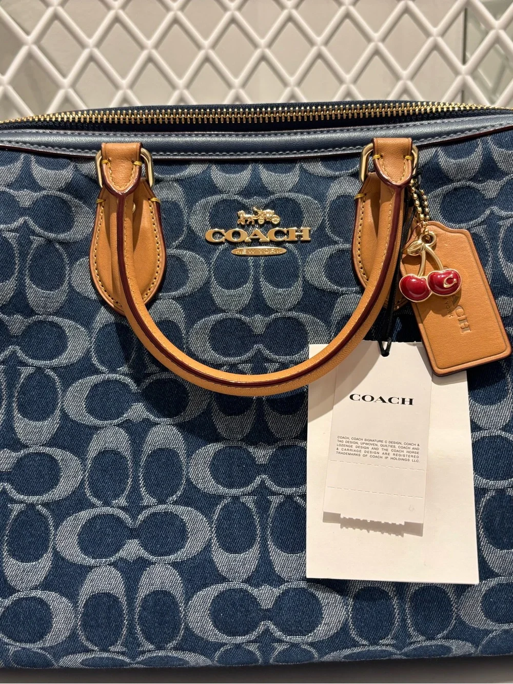 Coach Navy Signature Canvas Bag with Tan Leather Trim